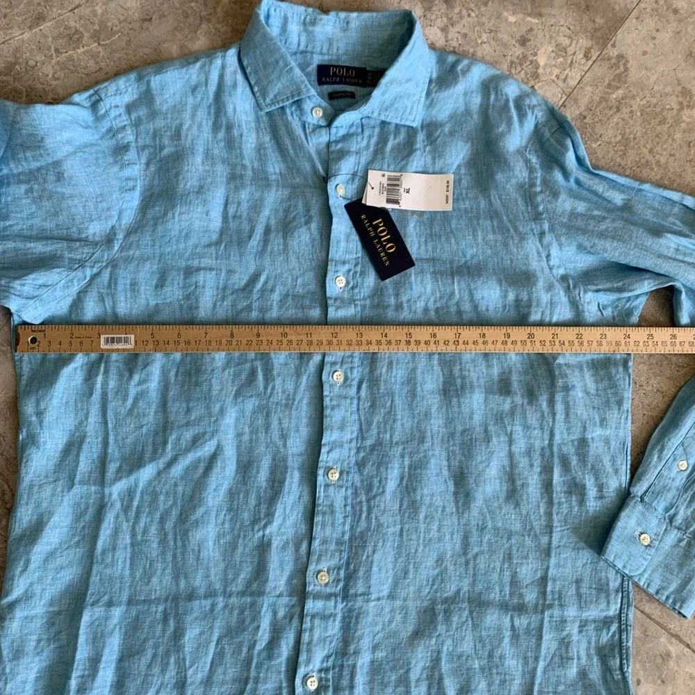 Polo Ralph Lauren 100% Linen Blue Long Sleeve Shirt Classic Fit Men's Size XL